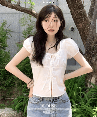 Annika Ribbon Shirring Slit Puff Short Sleeve Blouse