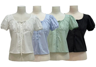 Annika Ribbon Shirring Slit Puff Short Sleeve Blouse