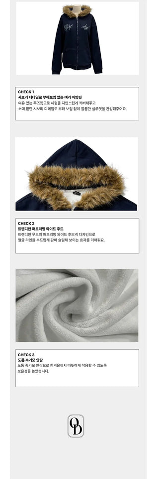 Yennie lettering fleece fur hooded zip-up