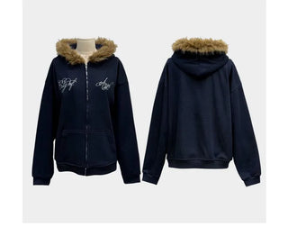 Yennie lettering fleece fur hooded zip-up