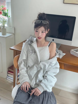 Yennie lettering fleece fur hooded zip-up