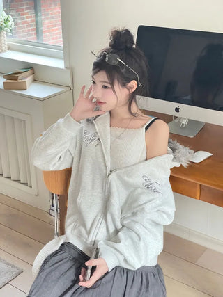 Yennie lettering fleece fur hooded zip-up