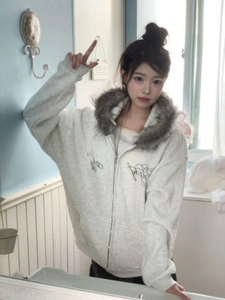 Yennie lettering fleece fur hooded zip-up