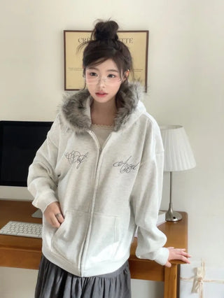 Yennie lettering fleece fur hooded zip-up