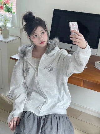 Yennie lettering fleece fur hooded zip-up