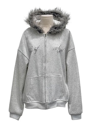 Yennie lettering fleece fur hooded zip-up