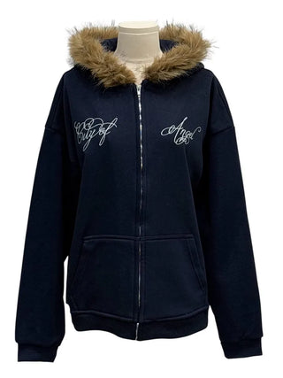 Yennie lettering fleece fur hooded zip-up