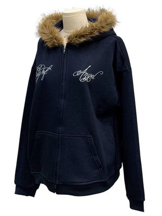 Yennie lettering fleece fur hooded zip-up