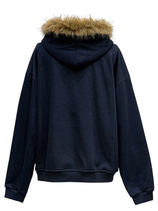 Yennie lettering fleece fur hooded zip-up
