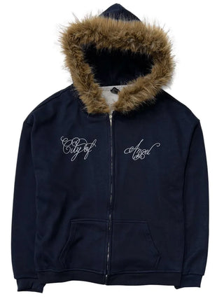 Yennie lettering fleece fur hooded zip-up