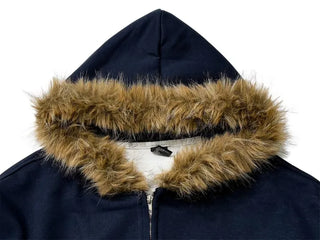 Yennie lettering fleece fur hooded zip-up