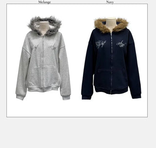 Yennie lettering fleece fur hooded zip-up