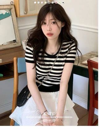 Furmin Pendant Stripe Basic Shibori Slim Crop Short Sleeve Knit