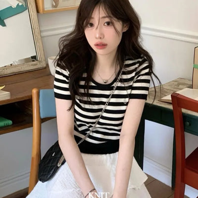 Furmin Pendant Stripe Basic Shibori Slim Crop Short Sleeve Knit