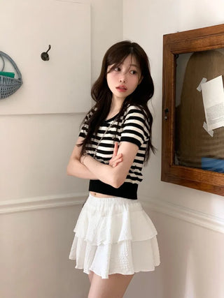 Furmin Pendant Stripe Basic Shibori Slim Crop Short Sleeve Knit