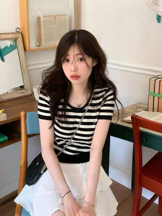 Furmin Pendant Stripe Basic Shibori Slim Crop Short Sleeve Knit