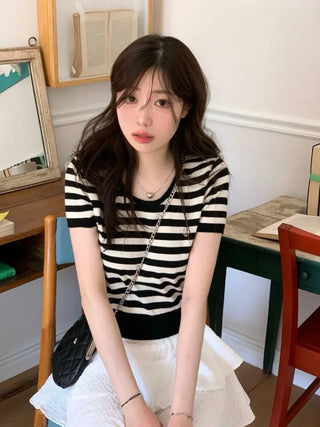 Furmin Pendant Stripe Basic Shibori Slim Crop Short Sleeve Knit