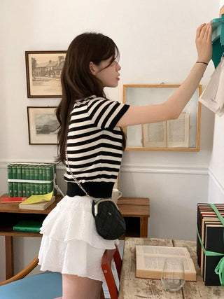 Furmin Pendant Stripe Basic Shibori Slim Crop Short Sleeve Knit