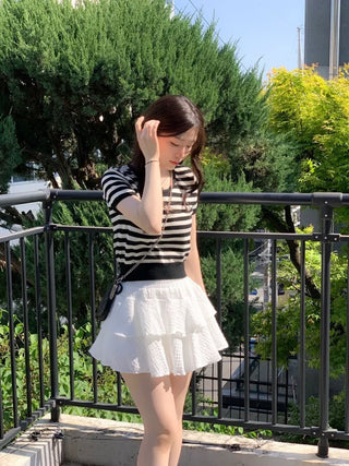 Furmin Pendant Stripe Basic Shibori Slim Crop Short Sleeve Knit