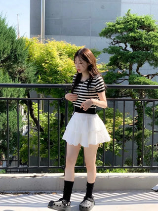 Furmin Pendant Stripe Basic Shibori Slim Crop Short Sleeve Knit