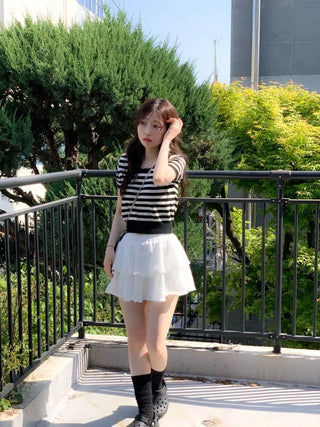 Furmin Pendant Stripe Basic Shibori Slim Crop Short Sleeve Knit