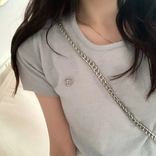 Furmin Pendant Stripe Basic Shibori Slim Crop Short Sleeve Knit