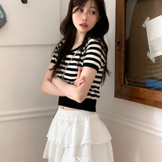 Furmin Pendant Stripe Basic Shibori Slim Crop Short Sleeve Knit