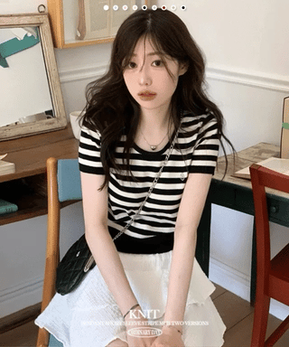 Furmin Pendant Stripe Basic Shibori Slim Crop Short Sleeve Knit