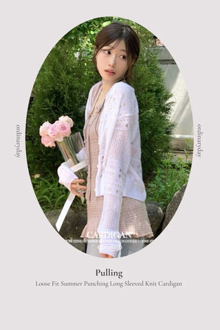 Pullover Yeori Loose Fit Vintage Summer Punching Long Sleeve Knit Cardigan