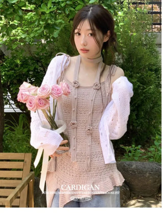 Pullover Yeori Loose Fit Vintage Summer Punching Long Sleeve Knit Cardigan