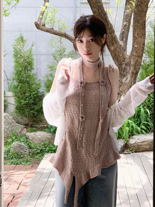 Pullover Yeori Loose Fit Vintage Summer Punching Long Sleeve Knit Cardigan