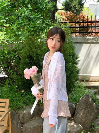 Pullover Yeori Loose Fit Vintage Summer Punching Long Sleeve Knit Cardigan