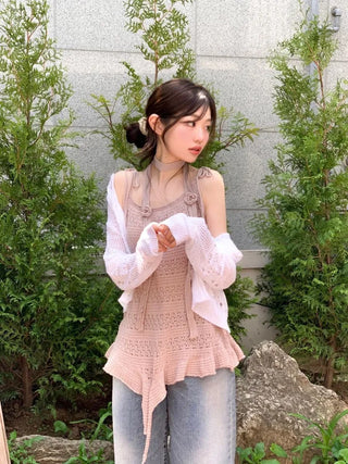 Pullover Yeori Loose Fit Vintage Summer Punching Long Sleeve Knit Cardigan