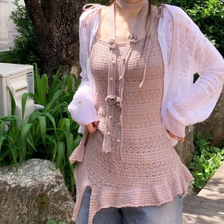 Pullover Yeori Loose Fit Vintage Summer Punching Long Sleeve Knit Cardigan