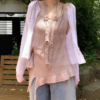 Pullover Yeori Loose Fit Vintage Summer Punching Long Sleeve Knit Cardigan