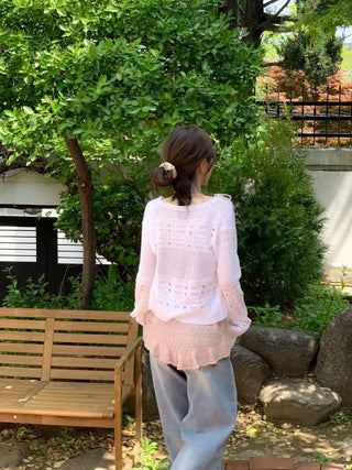 Pullover Yeori Loose Fit Vintage Summer Punching Long Sleeve Knit Cardigan