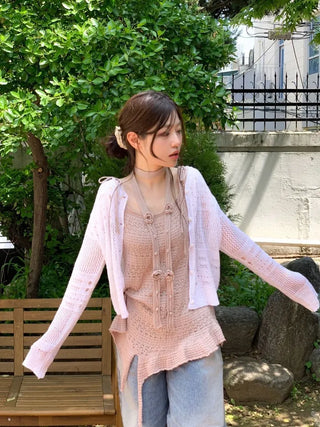 Pullover Yeori Loose Fit Vintage Summer Punching Long Sleeve Knit Cardigan