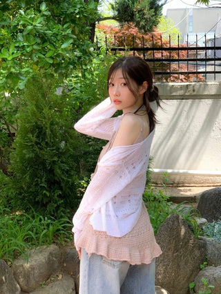 Pullover Yeori Loose Fit Vintage Summer Punching Long Sleeve Knit Cardigan