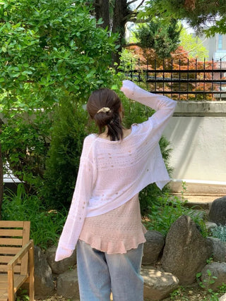 Pullover Yeori Loose Fit Vintage Summer Punching Long Sleeve Knit Cardigan