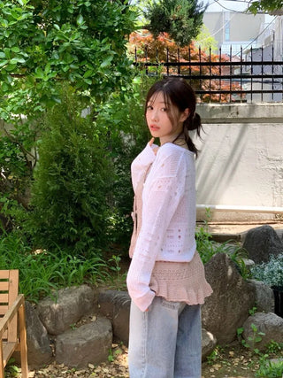 Pullover Yeori Loose Fit Vintage Summer Punching Long Sleeve Knit Cardigan
