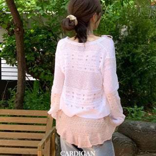 Pullover Yeori Loose Fit Vintage Summer Punching Long Sleeve Knit Cardigan