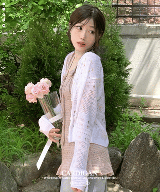 Pullover Yeori Loose Fit Vintage Summer Punching Long Sleeve Knit Cardigan