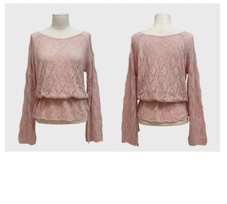 Iri Yeori Loose Fit Vintage Punching Ribbon Strap Boat Neck Long Sleeve Boucle Knit
