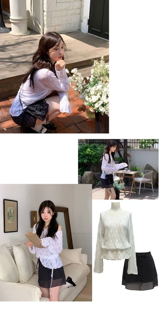 Iri Yeori Loose Fit Vintage Punching Ribbon Strap Boat Neck Long Sleeve Boucle Knit