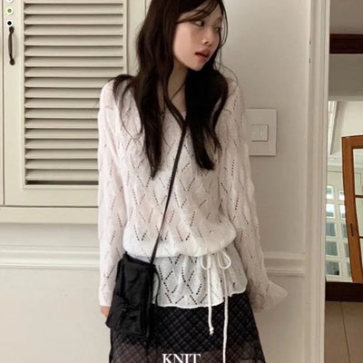Iri Yeori Loose Fit Vintage Punching Ribbon Strap Boat Neck Long Sleeve Boucle Knit