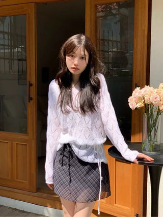 Iri Yeori Loose Fit Vintage Punching Ribbon Strap Boat Neck Long Sleeve Boucle Knit