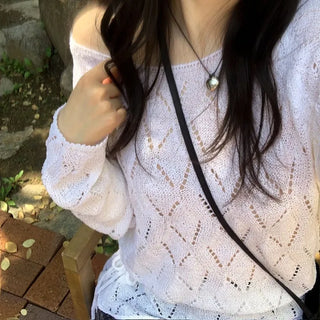 Iri Yeori Loose Fit Vintage Punching Ribbon Strap Boat Neck Long Sleeve Boucle Knit