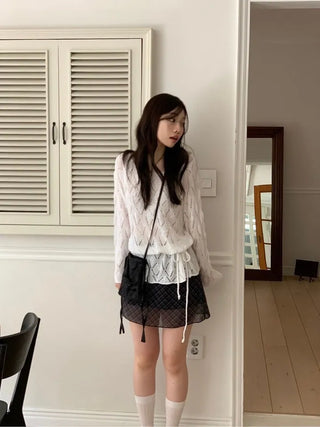 Iri Yeori Loose Fit Vintage Punching Ribbon Strap Boat Neck Long Sleeve Boucle Knit