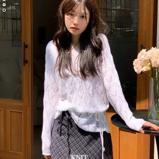 Iri Yeori Loose Fit Vintage Punching Ribbon Strap Boat Neck Long Sleeve Boucle Knit