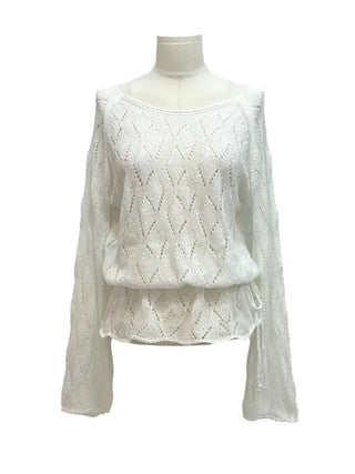 Iri Yeori Loose Fit Vintage Punching Ribbon Strap Boat Neck Long Sleeve Boucle Knit